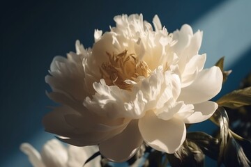 Delicate beige peony flower with sunlight shadows on neutral blue background. Generative AI
