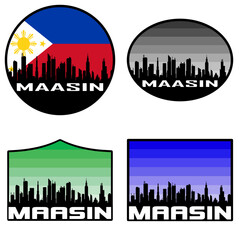 Maasin Skyline Silhouette Philippines Flag Travel Souvenir Sticker Sunset Background Vector Illustration SVG EPS AI
