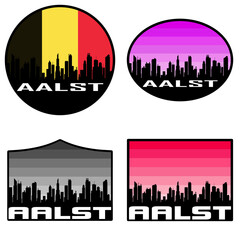 Obraz premium Aalst Skyline Silhouette Belgium Flag Travel Souvenir Sticker Sunset Background Vector Illustration SVG EPS AI