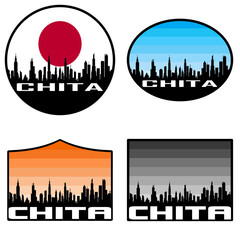 Obraz premium Chita Skyline Silhouette Japan Flag Travel Souvenir Sticker Sunset Background Vector Illustration SVG EPS AI