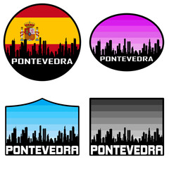 Pontevedra Skyline Silhouette Spain Flag Travel Souvenir Sticker Sunset Background Vector Illustration SVG EPS AI