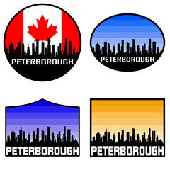 Obraz premium Peterborough Skyline Silhouette Canada Flag Travel Souvenir Sticker Sunset Background Vector Illustration SVG EPS AI