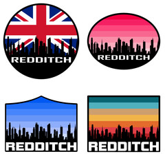 Obraz premium Redditch Skyline Silhouette Uk Flag Travel Souvenir Sticker Sunset Background Vector Illustration SVG EPS AI