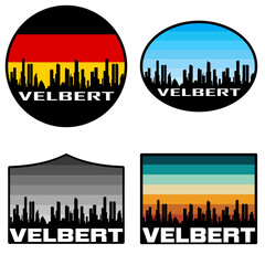 Obraz premium Velbert Skyline Silhouette Germany Flag Travel Souvenir Sticker Sunset Background Vector Illustration SVG EPS AI