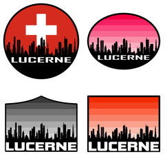 Lucerne Skyline Silhouette Switzerland Flag Travel Souvenir Sticker Sunset Background Vector Illustration SVG EPS AI