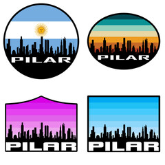 Pilar Skyline Silhouette Argentina Flag Travel Souvenir Sticker Sunset Background Vector Illustration SVG EPS AI