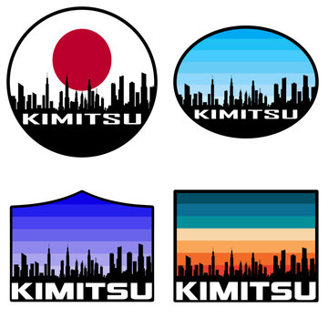 Kimitsu Skyline Silhouette Japan Flag Travel Souvenir Sticker Sunset Background Vector Illustration SVG EPS AI