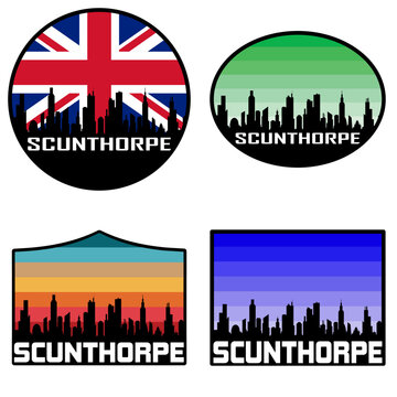 Scunthorpe Skyline Silhouette Uk Flag Travel Souvenir Sticker Sunset Background Vector Illustration SVG EPS AI