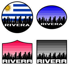 Obraz premium Rivera Skyline Silhouette Uruguay Flag Travel Souvenir Sticker Sunset Background Vector Illustration SVG EPS AI