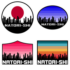 Obraz premium Natori shi Skyline Silhouette Japan Flag Travel Souvenir Sticker Sunset Background Vector Illustration SVG EPS AI
