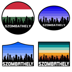 Szombathely Skyline Silhouette Hungary Flag Travel Souvenir Sticker Sunset Background Vector Illustration SVG EPS AI