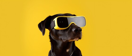 dog with vr sunglasses on yellow background