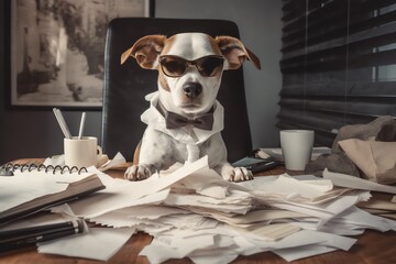 jack russell terrier sitting in the office in sunglasses with documents - obrazy, fototapety, plakaty