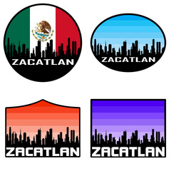 Zacatlan Skyline Silhouette Mexico Flag Travel Souvenir Sticker Sunset Background Vector Illustration SVG EPS AI