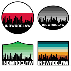 Obraz premium Inowroclaw Skyline Silhouette Poland Flag Travel Souvenir Sticker Sunset Background Vector Illustration SVG EPS AI