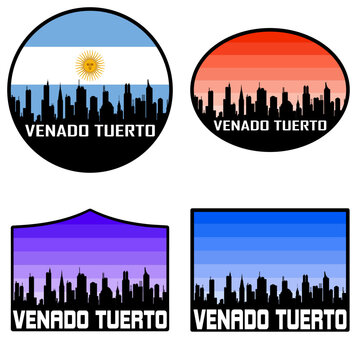Venado Tuerto Skyline Silhouette Argentina Flag Travel Souvenir Sticker Sunset Background Vector Illustration SVG EPS AI