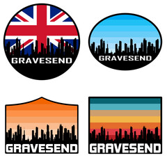 Gravesend Skyline Silhouette Uk Flag Travel Souvenir Sticker Sunset Background Vector Illustration SVG EPS AI