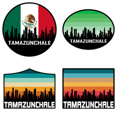 Obraz premium Tamazunchale Skyline Silhouette Mexico Flag Travel Souvenir Sticker Sunset Background Vector Illustration SVG EPS AI