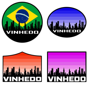 Vinhedo Skyline Silhouette Brazil Flag Travel Souvenir Sticker Sunset Background Vector Illustration SVG EPS AI