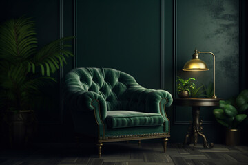 living room interior Dark green wall background with a cozy green armchair in living room, Generative AI	