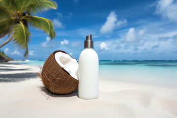 coconut and bottle with free space for logo on the beach