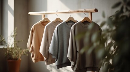 Fototapeta premium Сotton tops sweatshirts in natural tones on wooden shelf in bright room. Generative AI.