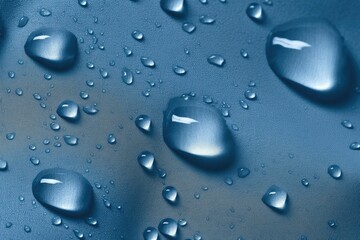 Water droplets on blue fabric backdrop. Photo generative AI