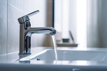 Running Water Tap in Home Bathroom. Photo generative AI