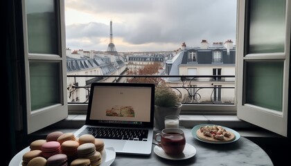 coffee, macarons and laptop in front of the window with Eiffel tower view, work remotely from home
