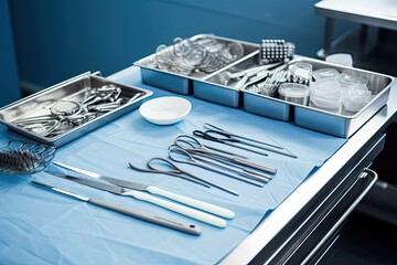 Bird's-eye view of surgical tools on tray in hospital. Photo generative AI