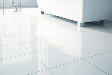 White ceramic tiles in bathroom flooring. Photo generative AI - obrazy, fototapety, plakaty
