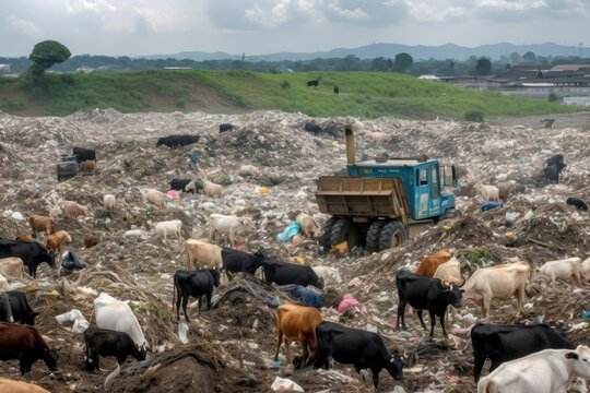 landfill basin The cows in the garbage shelter . Photo generative AI