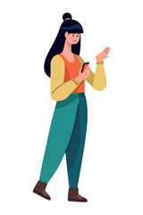 One smiling woman holding phone