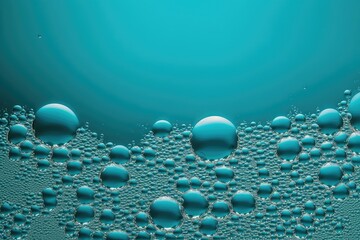 Close-up of Soap Bubbles on Blue Background with Water, Copy Space. Photo generative AI