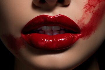close up of lips with smudged red lipstick