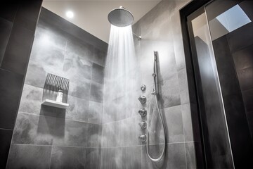 Hot steam shower in bathroom. Photo generative AI - obrazy, fototapety, plakaty