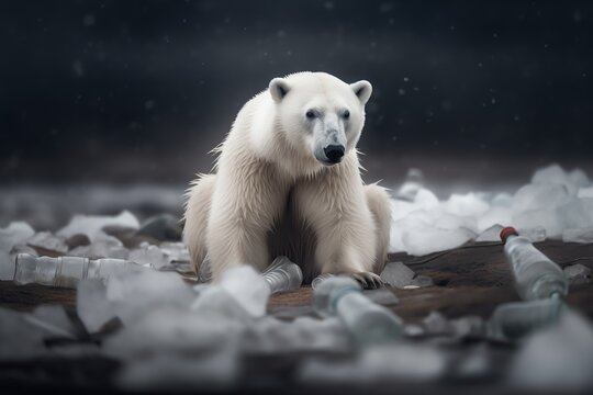 polar bear cub with plastic bottles, pollution 