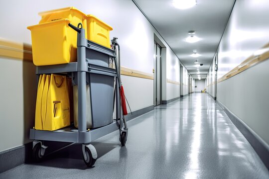 Hospital corridor cleaning cart. Photo generative AI