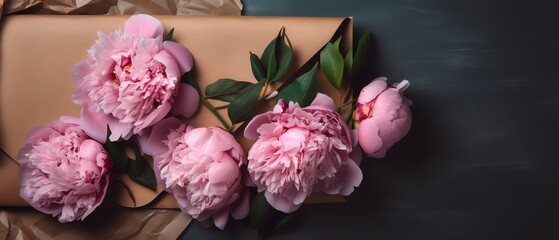 background with peonies and envelope