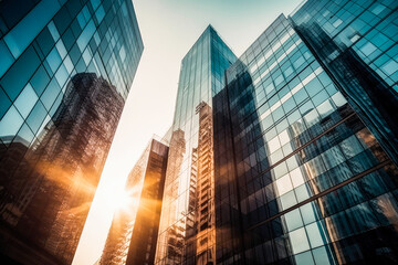 Contemporary high rise office towers with a glass facade in morning sun. Rise and shine. High quality generative AI