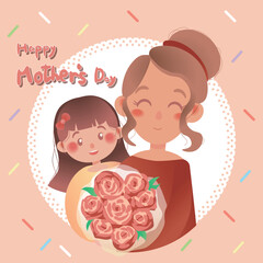 happy mother's day, mother and daughter holding bouquet