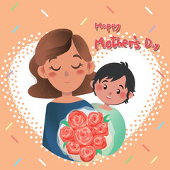 happy mother's day, mother and son holding bouquet