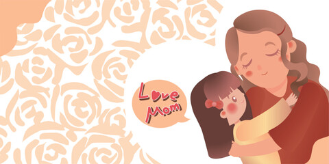Congratulations on Mother's Day, mom and child hug each other with flowers background and love heart