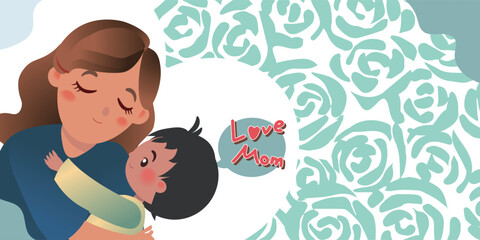 Congratulations on Mother's Day, mom and child hug each other with flowers background and love heart