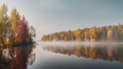 Fototapeta premium Panoramic view of forest lake in morning fog, summer travel. Generative AI.