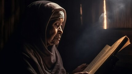 An old woman is sitting alone in a room reading a book during the afternoon, bathed in the sunlight