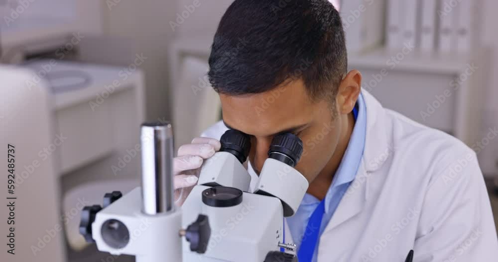 Poster Man, medical science and a microscope in a laboratory for analysis or healthcare research. Male scientist in a lab for development, study and working on future innovation with sample for test