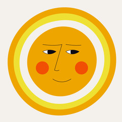 Smiling sun, abstract personage, mascot design, funny face, cute icon.