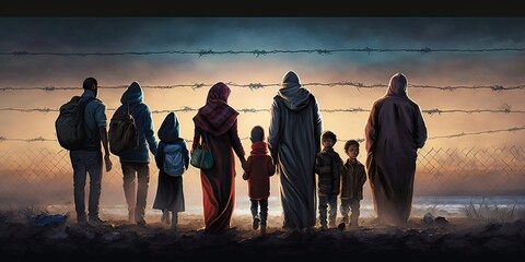 World Refugee Day. 20 June. International immigration concept background. People go to refugee camp - obrazy, fototapety, plakaty