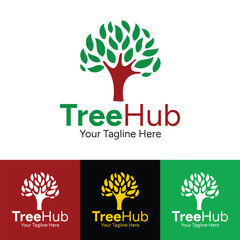 Tree Logo Minimalist Tree Hub Flat Template Stock Vector